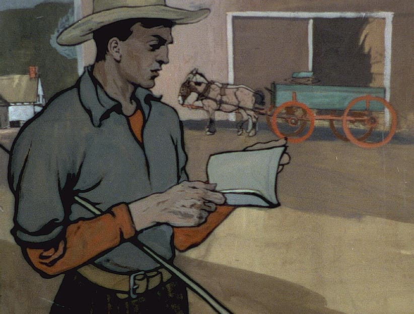 A painting of a farmer consulting the local almanac.