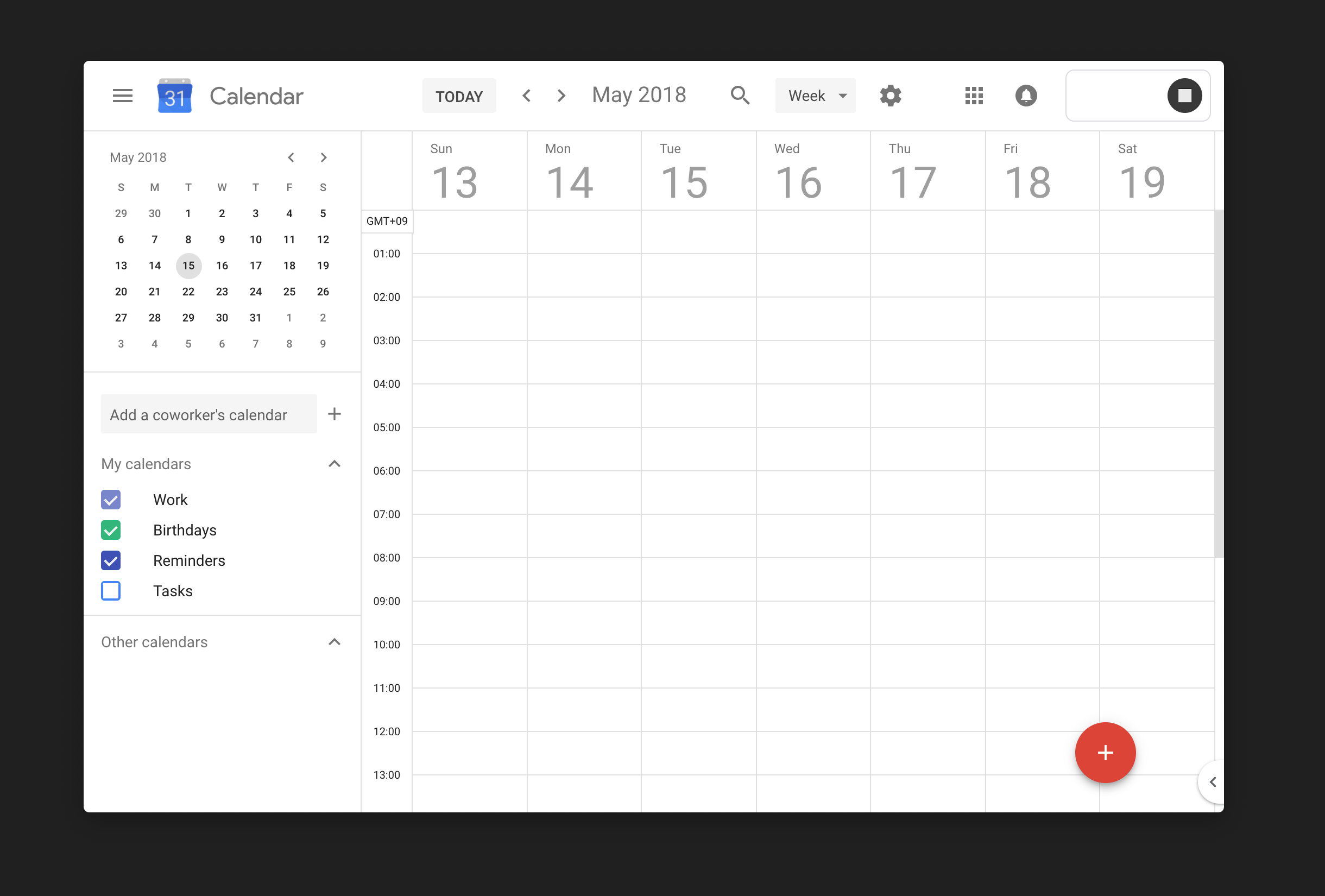 Google Calendar's UI, with a view of seven days and 30-minute slots for scheduling. Not particularly inspiring.